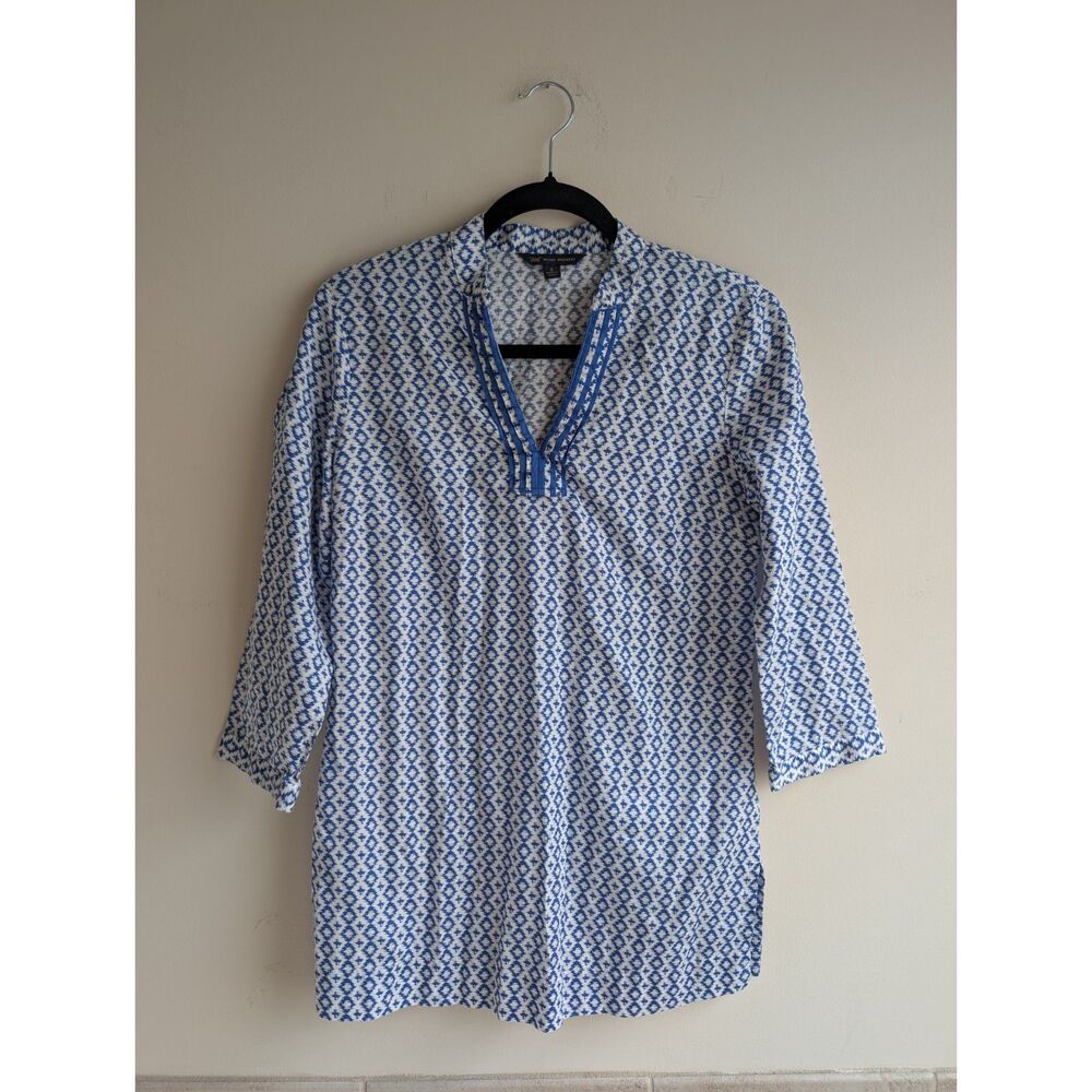 Brooks Brother 346 Women's S Blue White Geometric Cotton Tunic Blouse 3/4 Sleeve
